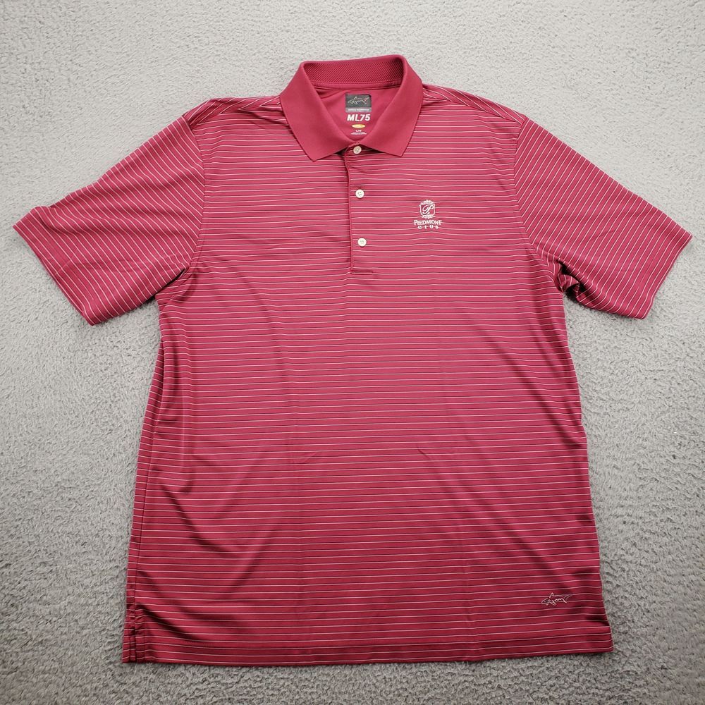 Greg Norman Shirt Mens Large Pink Striped Polo Golf MicroLux Play Dry Classic‎